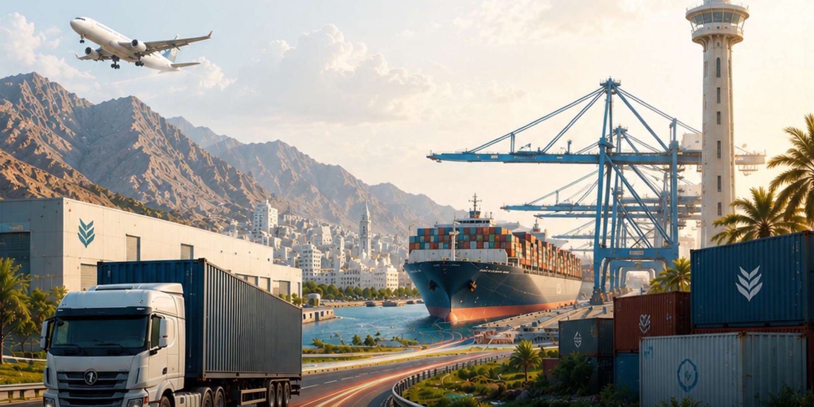 Container port in Oman with cranes, ship and control tower